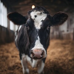 Close up of a cow with a full udder standing in a barn