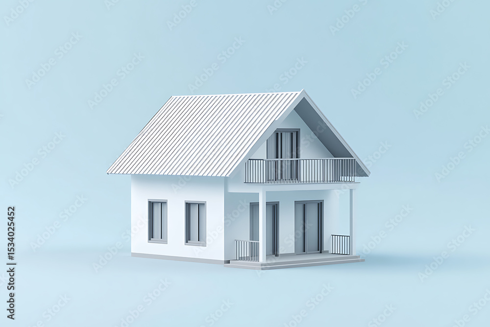 Poster 3d rendering of a simple two-story house on a light blue background. the design is in a white, icon-