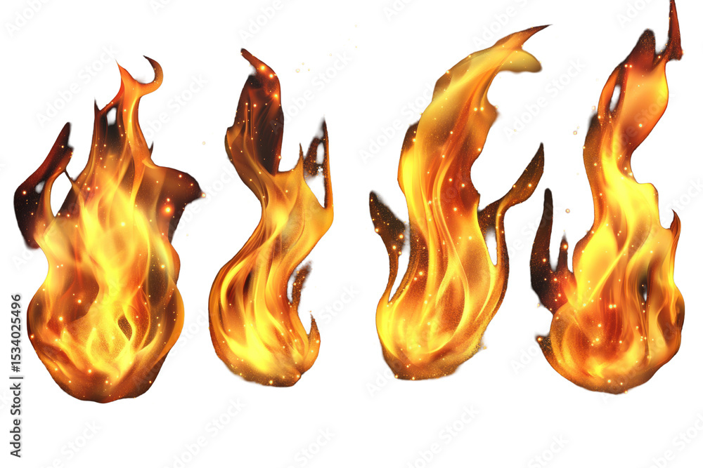 Poster set of burning flames with sparks creating a dynamic display of fire against a dark background durin