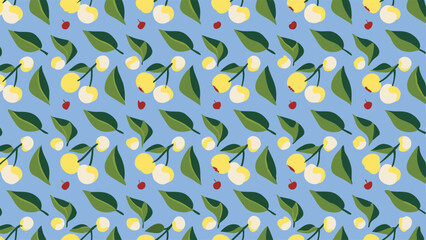 Repeating pattern of yellow cherries and green leaves on a light blue background design style image