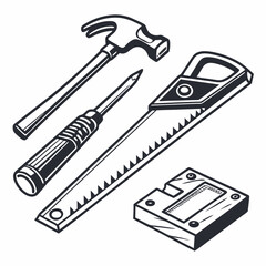 Work tools line icons - puncher, drill, wrench, saw, pliers and construction equipment