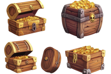 Collection of cartoon wooden chests overflowing with pirate treasure featuring gold coins and skull symbols located in a whimsical treasure island setting