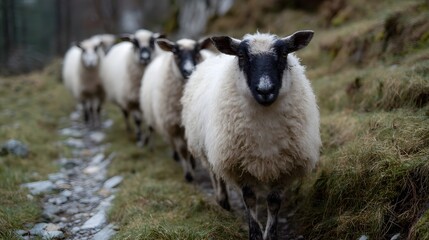 Obraz premium A flock of sheep walking in a line along a rural pasture trail