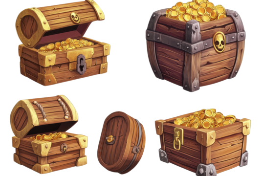 Collection of cartoon wooden chests overflowing with pirate treasure featuring gold coins and skull symbols located in a whimsical treasure island setting