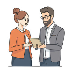 Fototapeta premium Simple and super minimal vector lines, business couple discussing over cartoonish tablet, professional tones