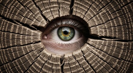 The Watcher in the Wood - A curious eye peers through a weathered tree stump, symbolizing observation, secrets, nature's wisdom, hidden knowledge, and time's passage