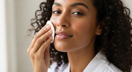 Happy beautiful mixed race woman cleaning perfect skin with a cotton pad, looking at the camera. Daily beauty skincare routine for healthy fresh glowing skin. Cosmetology concept.