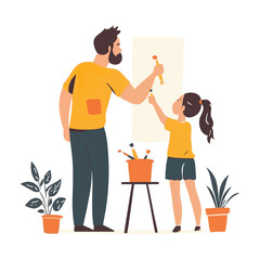 Simple and super minimal vector lines, cartoonish dad and daughter painting wall together