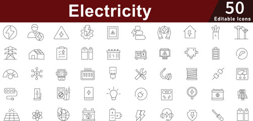 Electricity and Energy Line Icons Set: Power, Renewable and Industrial Symbols. Editable Vector Icons