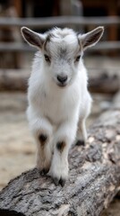 Obraz premium A playful kid goat standing on a wooden log
