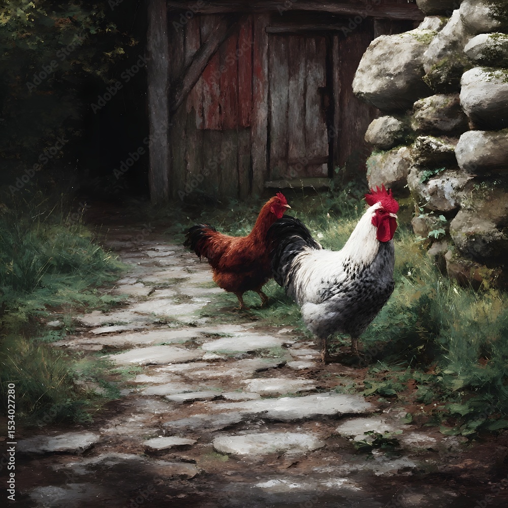 Poster rooster and hen walking on a cobblestone path in a rustic barnyard