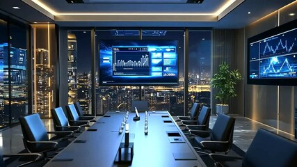 Sophisticated boardroom showcasing financial data and urban cityscape visualization - Powered by Adobe