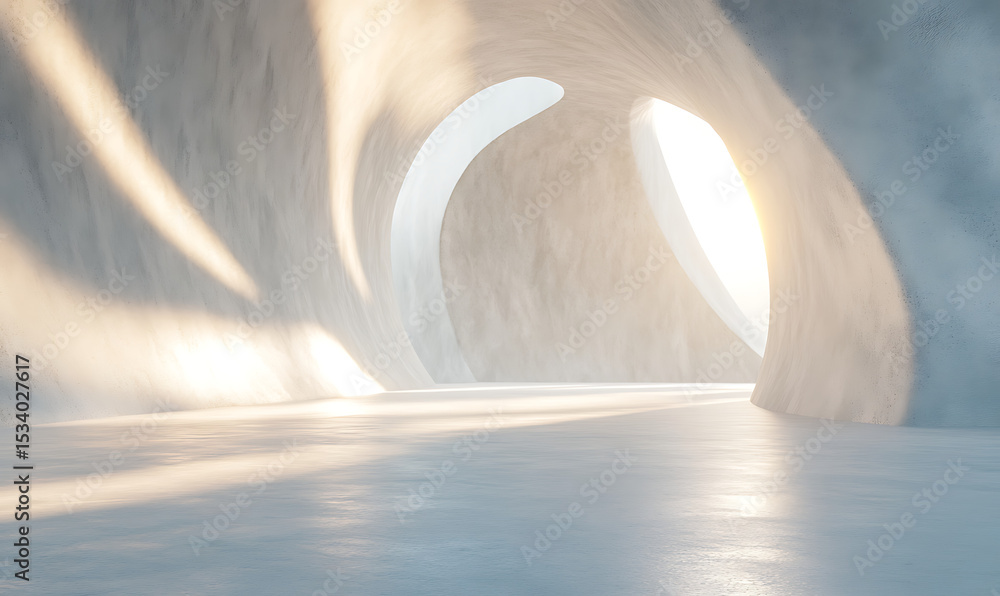 Poster 3d rendering of an empty concrete room with curved walls and light coming from the top right corner.