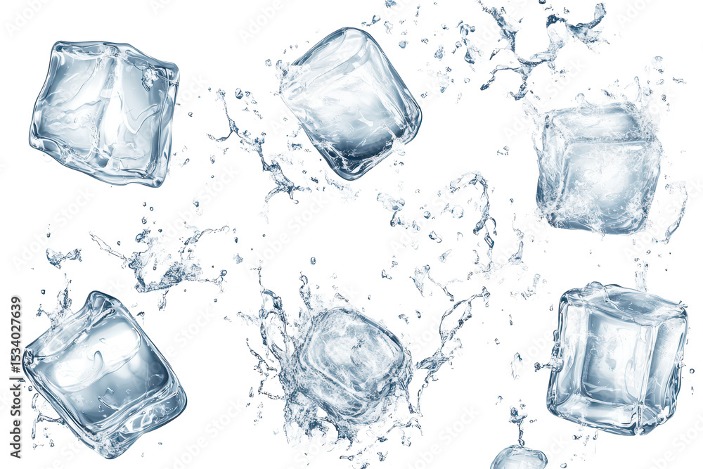 Aufkleber various ice cubes splash into a transparent background creating dynamic water motion and a refreshin