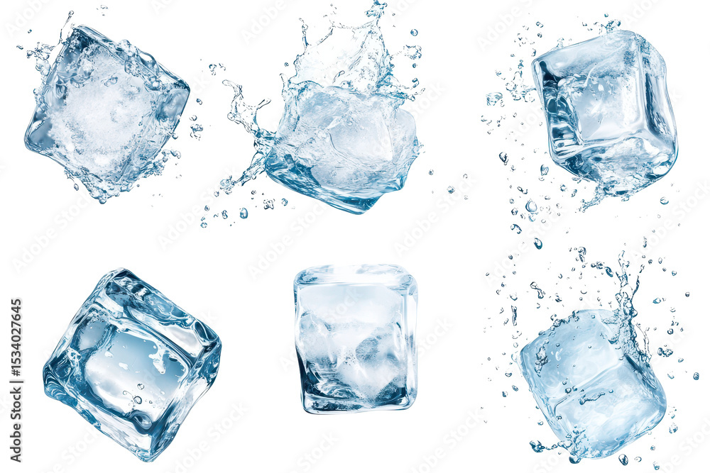 Aufkleber collection of ice cubes splashing in clear water on a transparent surface creating refreshing moveme