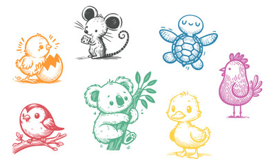 Obraz premium Set of colorful cartoon animal illustrations including chick, mouse, turtle, bird, koala, duck etc on a transparent background, vector