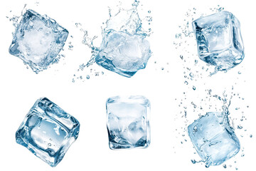 Obraz premium Collection of ice cubes splashing in clear water on a transparent surface creating refreshing movement and dynamic visuals