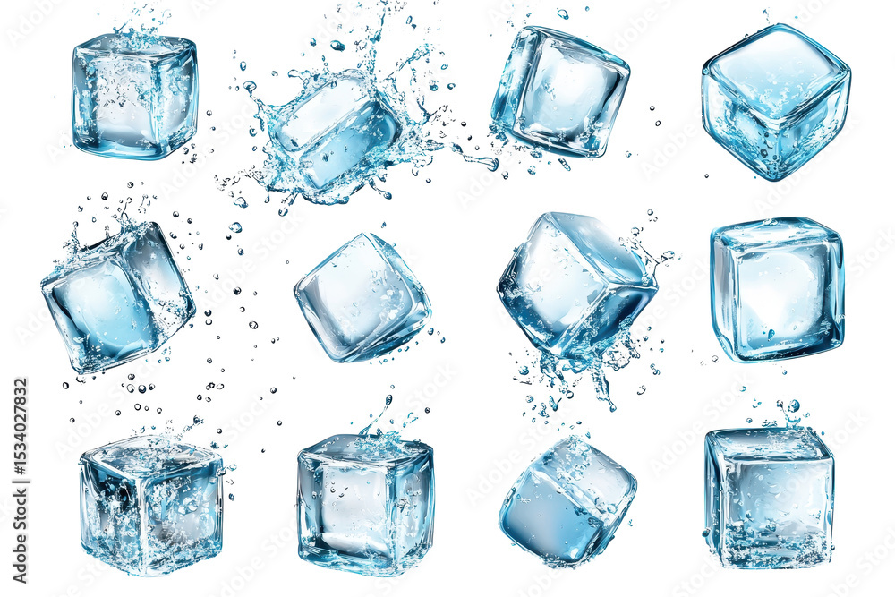 Poster different ice cubes splashing in a transparent box create a cooling effect on a warm day during summ