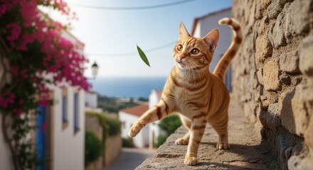 Orange tabby cat playing with a leaf on a stone wall in a sunny mediterranean village.