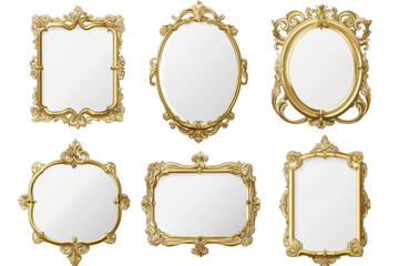 Collection of empty vintage natural gold frames in various ornate styles ready for artwork display and home decor enhancement