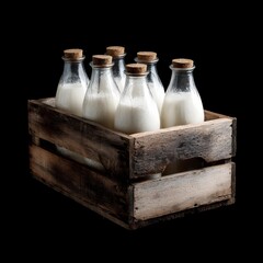 Vintage milk bottles in a rustic wooden crate