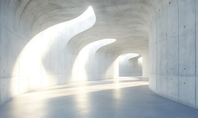 3D rendering of an empty concrete room with curved walls and white lighting. The interior is illuminated by soft, natural light that creates gentle shadows on the surface. 