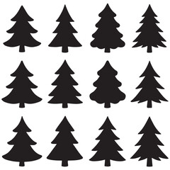 Set of Christmas trees. Silhouette of Christmas tree on white background.  