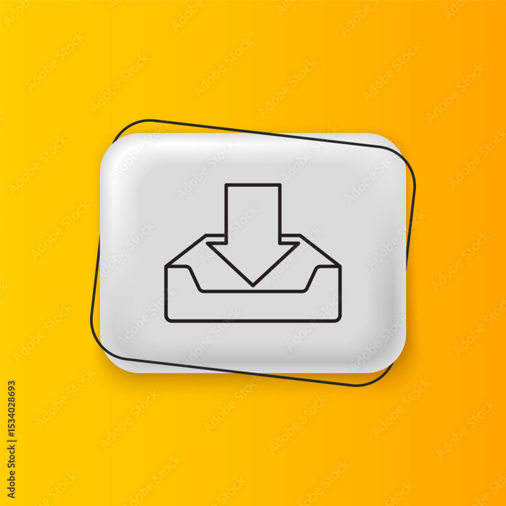Poster black download inbox icon isolated on yellow background. silver rectangle button. vector