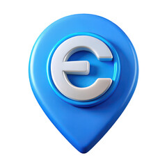 Obraz premium 3d blue map pointer with letter e isolated on transparent background