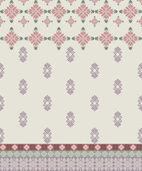 Seamless ethnic-inspired cross-stitch pattern. Traditional pixel embroidery in red, green, and purple on cream background. Perfect for textiles, crafts, and digital design.
