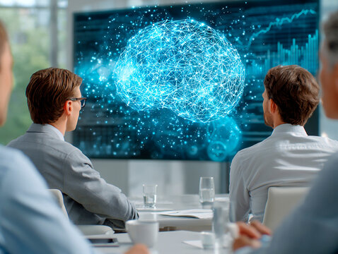 Business professionals watching a digital brain hologram presentation with data graphs on a large screen in a modern conference room