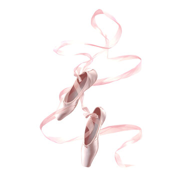 Ethereal Dance: Two ballet shoes gracefully suspended with ribbons dancing in the air, capturing the elegance, beauty, and artistry of ballet.