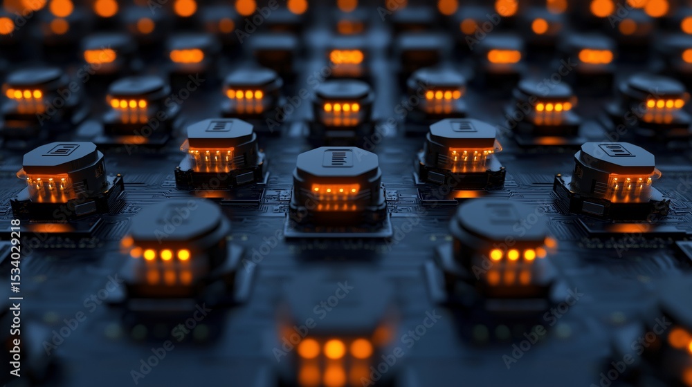 Poster circuit board with multiple chips image render 3d. futuristic technology. computer hardware glowing 