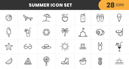  Summer Line Icons. Editable Stroke. Contains such icons as Beach, Cruise, Diving, Drink, Grill, Ice Cream, Palm Tree, Surfing, Tropical, Vacation, Trip.
