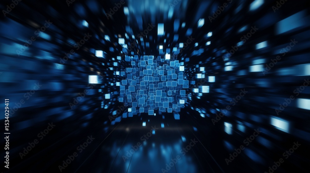 Poster hologram digital blocks floating in dark space image render 3d. innovative information virtual stora