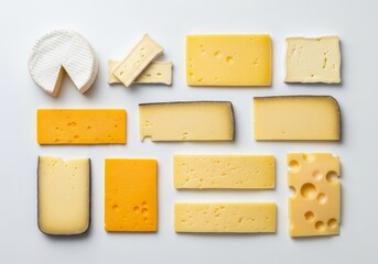 Assorted Cheese Selection on White Background - A delightful arrangement of various cheeses, showcasing different textures, colors, and shapes.