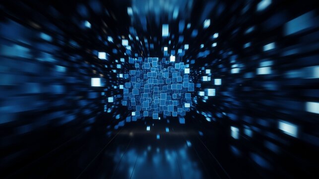 Hologram digital blocks floating in dark space image render 3d. Innovative information virtual storage. Blockchain background realistic graphic. Conceptual idea, visual storytelling