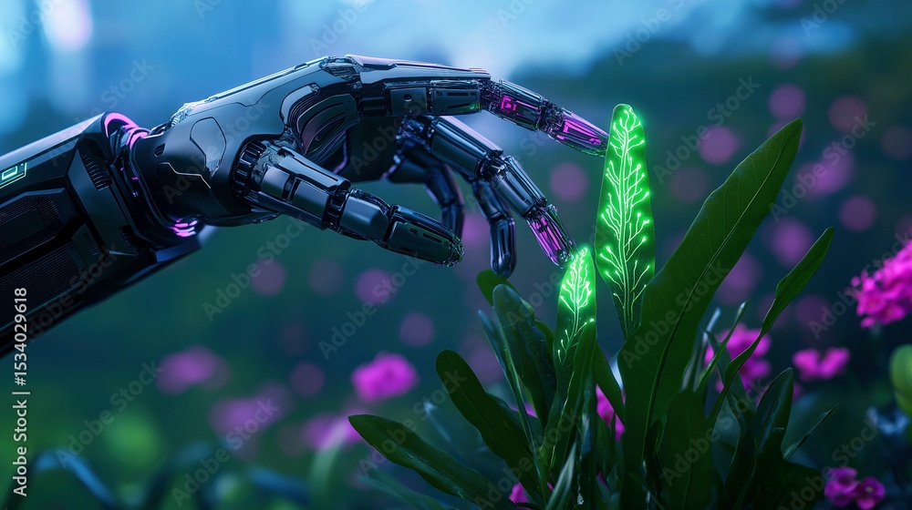 Aufkleber robot hand touching green leaf with electric glow image render 3d. sustainability. innovative connec
