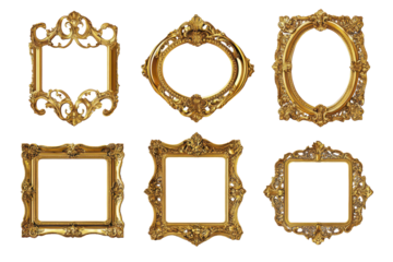 Set of intricately designed golden and wooden frames arranged neatly on a transparent background showcasing various shapes and sizes for decorative purposes
