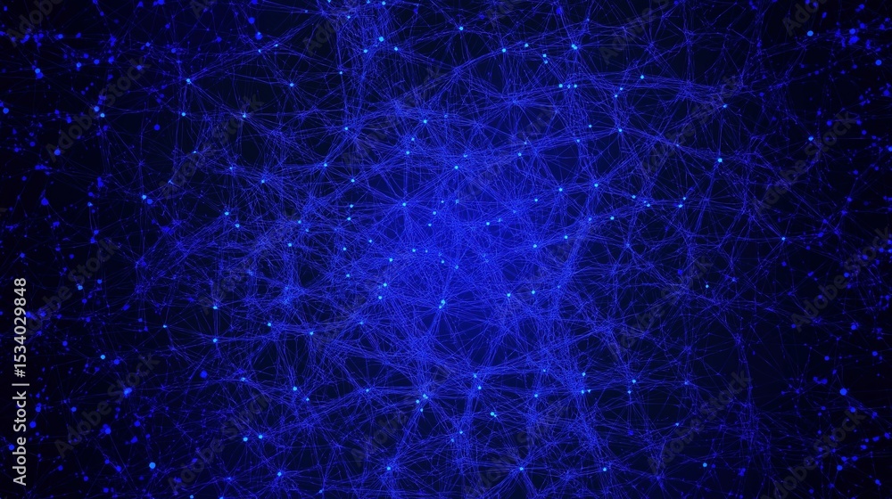 Poster blue neon neural network in darkness image render 3d. data connection mesh. digital system of links 