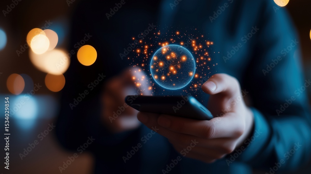 Poster businessman hands using smartphone with virtual globe image with digital overlay. global communicati