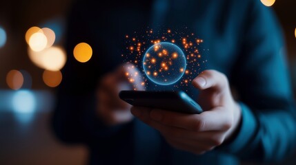 Businessman hands using smartphone with virtual globe image with digital overlay. Global communication photography conceptual composite. Business technology concept photo realistic