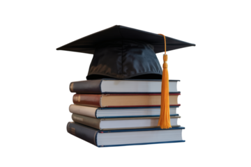 Academic Achievement A Graduation Cap Stacked on Books Symbolizing Educational Success on a Transparent Background