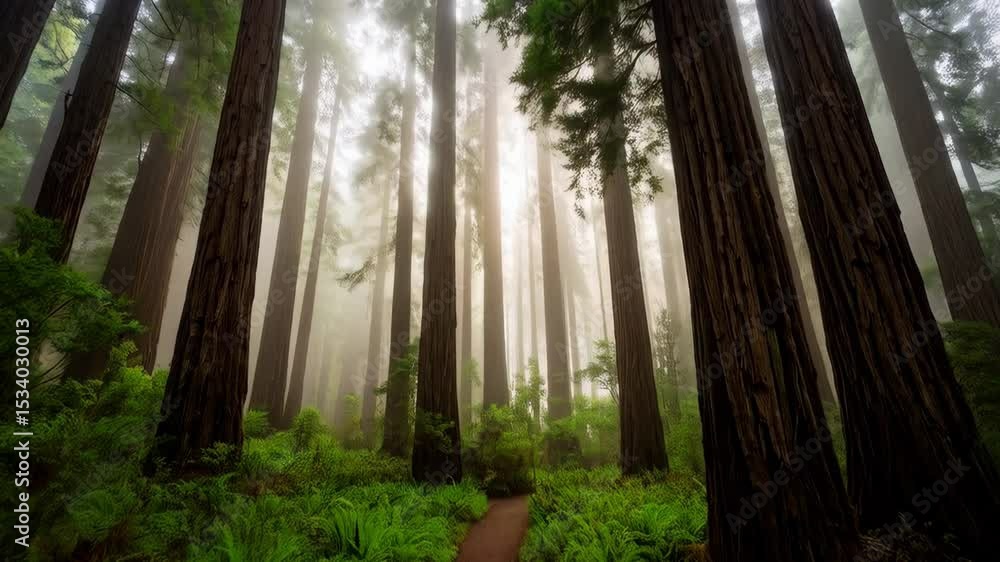 Poster misty redwood forest with dense green ferns and a path winding through the towering trees, creating 