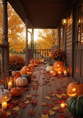 Autumn Porch Pumpkins and Candles - Lit pumpkins and candles adorn a rustic wooden porch, surrounded by autumn leaves. A cozy autumn scene
