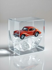 A vintage toy car frozen inside a perfectly clear ice cube, placed on a smooth white acrylic surface. Ultra-clean studio lighting with soft reflections, hyper-detailed textures