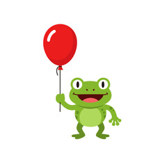 Funny Frog Logo, Holding a Balloon, Simple Cartoon Flat Design