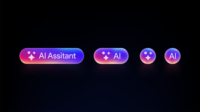 AI Assitant button. Rewrite prompt pushbutton. Generate artificial intelligence toggle. LLM magic stars logo. Machine learning text generator. Chatbot assistant. UI design. Vector illustration. 
