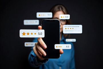 Woman holding smartphone with online customer reviews and star ratings displayed