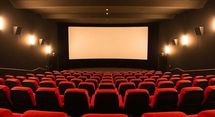Fototapeta premium Empty Movie Theater with Red Seats and Blank Screen